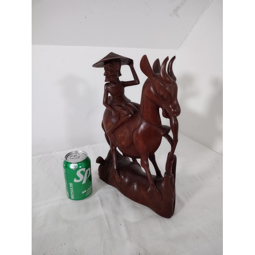 218 - Vintage Hand-Carved Wooden Figure of an Elder Riding a Deer, Possibly Inspired by Laozi or Daoist Sy... 