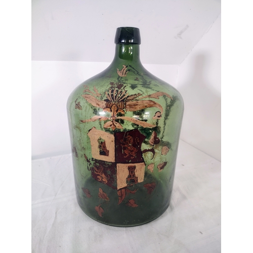 221 - Large 18-Inch Hand-Blown Green Glass Demijohn / Carboy Bottle with Hand-Painted Maritime Scene, Coat... 