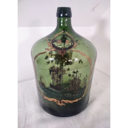 221 - Large 18-Inch Hand-Blown Green Glass Demijohn / Carboy Bottle with Hand-Painted Maritime Scene, Coat... 