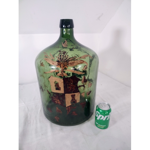 221 - Large 18-Inch Hand-Blown Green Glass Demijohn / Carboy Bottle with Hand-Painted Maritime Scene, Coat... 