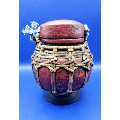 230 - Late 19th to Early 20th Century Burmese Pya-Zi Bamboo Rice Seed Container with Rattan Embellishments... 