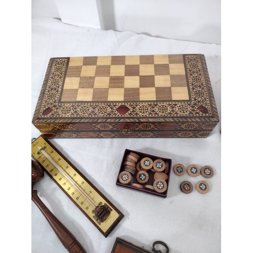 231 - Collection of Treen and Decorative Wooden Items, Including Inlaid Chess and Backgammon Box, Carved C... 