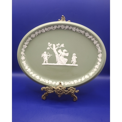 232 - Wedgwood Sage Green Jasperware Oval Plaque with Classical Motifs on Ornate Rococo-Style Brass Stand,... 