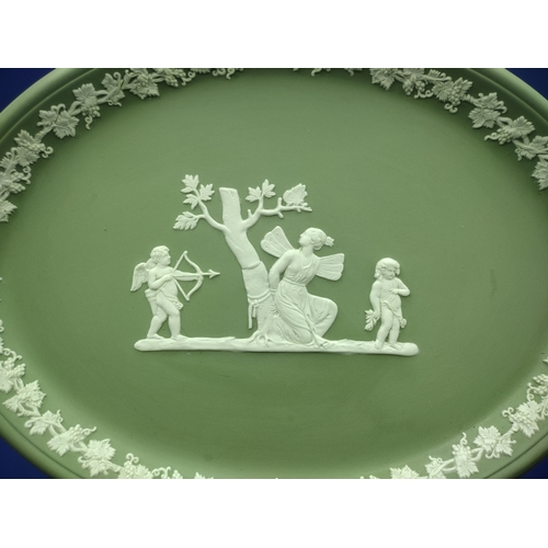 232 - Wedgwood Sage Green Jasperware Oval Plaque with Classical Motifs on Ornate Rococo-Style Brass Stand,... 