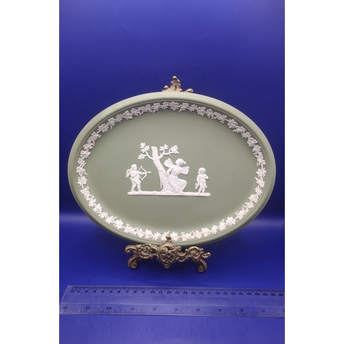 232 - Wedgwood Sage Green Jasperware Oval Plaque with Classical Motifs on Ornate Rococo-Style Brass Stand,... 