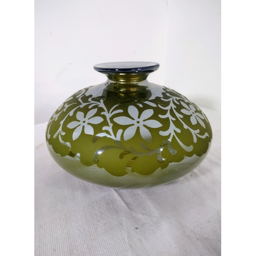 237 - Mid-20th Century Mirrored Olive-Green Glass Vase with Etched Floral Design, Possibly Bohemian