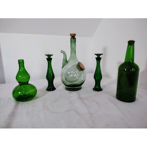 243 - Collection of Mid-20th Century Green Glassware Including Dual-Chamber Decanter, Avon Emerald Bud Vas... 