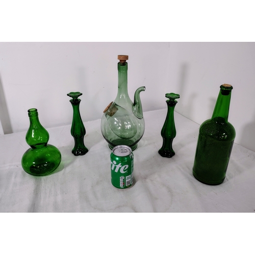 243 - Collection of Mid-20th Century Green Glassware Including Dual-Chamber Decanter, Avon Emerald Bud Vas... 