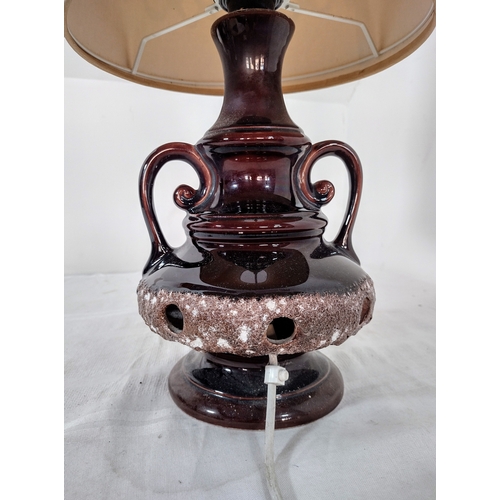 245 - West German Fat Lava Ceramic Table Lamp with Twin Handles and Original Fabric Shade, Circa 1960s–197... 