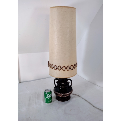 245 - West German Fat Lava Ceramic Table Lamp with Twin Handles and Original Fabric Shade, Circa 1960s–197... 