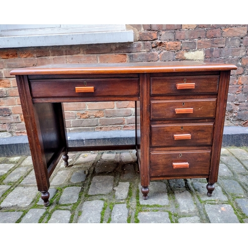 251 - Edwardian Mahogany Writing Desk with Art Deco Influences, Amber-Coloured Bakelite Handles, and Toole... 