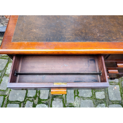 251 - Edwardian Mahogany Writing Desk with Art Deco Influences, Amber-Coloured Bakelite Handles, and Toole... 