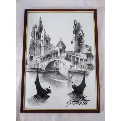 260 - Framed and Glazed Modern Semi Abstract Lithograph Print Depicting the Bridge of Sighs, Venice Signed... 