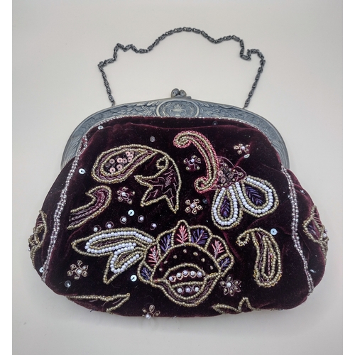 271 - 1920s Beaded Velvet Evening Purse with Ornate Metal Frame and Chain