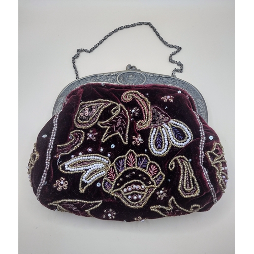 271 - 1920s Beaded Velvet Evening Purse with Ornate Metal Frame and Chain