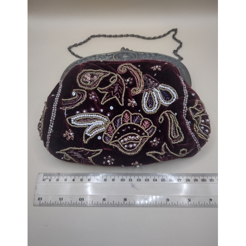 271 - 1920s Beaded Velvet Evening Purse with Ornate Metal Frame and Chain