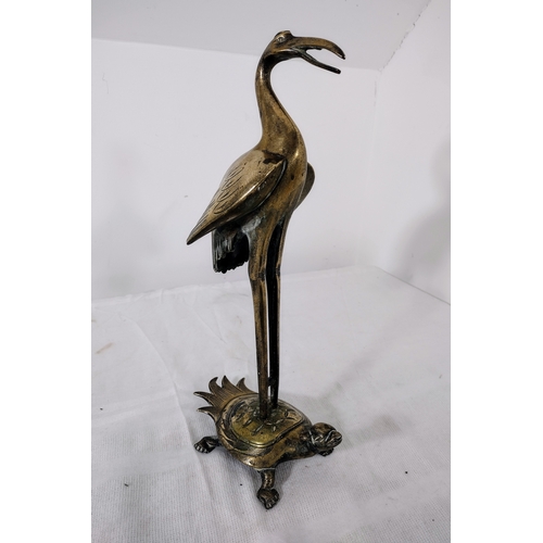 277 - Brass Sculpture of Crane Standing on Turtle, Symbolising Longevity and Harmony, Mid-20th Century