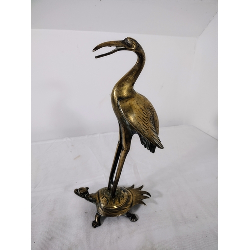 277 - Brass Sculpture of Crane Standing on Turtle, Symbolising Longevity and Harmony, Mid-20th Century