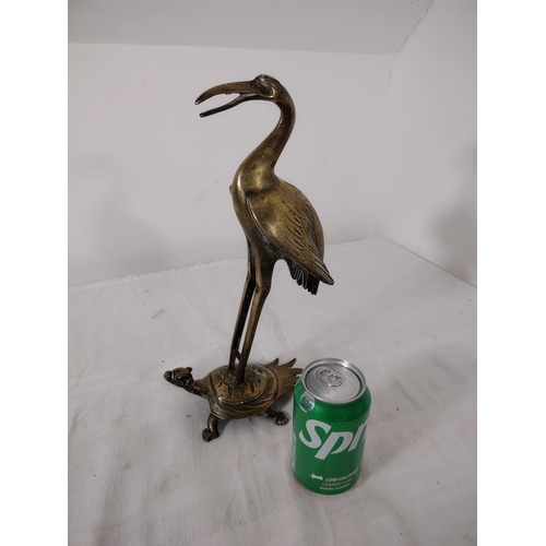 277 - Brass Sculpture of Crane Standing on Turtle, Symbolising Longevity and Harmony, Mid-20th Century