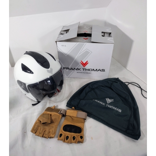 278 - Frank Thomas FTDV28 White Motorcycle Helmet Size L with Storage Bag, Fingerless Leather Mitts, and O... 