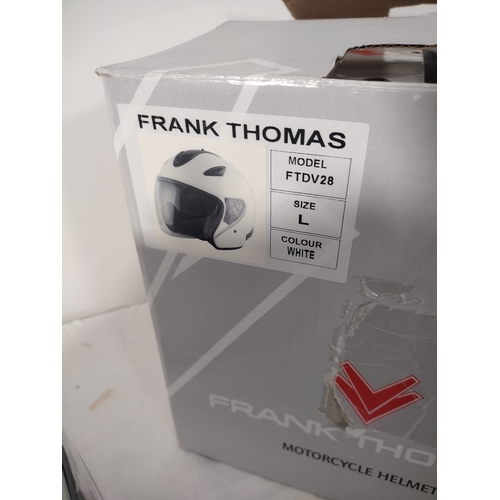 278 - Frank Thomas FTDV28 White Motorcycle Helmet Size L with Storage Bag, Fingerless Leather Mitts, and O... 