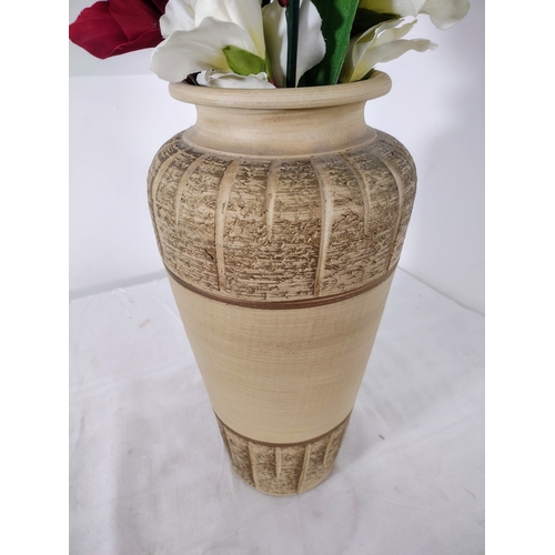 280 - Large Textured Ceramic Vase with Etched Linear Patterns Circa 1970s to 1980s with a Small Spray of A... 