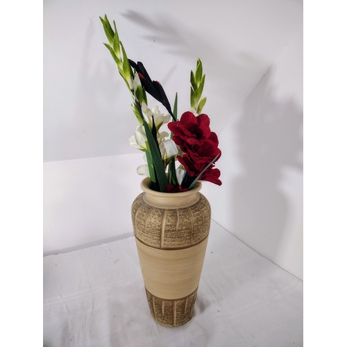 280 - Large Textured Ceramic Vase with Etched Linear Patterns Circa 1970s to 1980s with a Small Spray of A... 