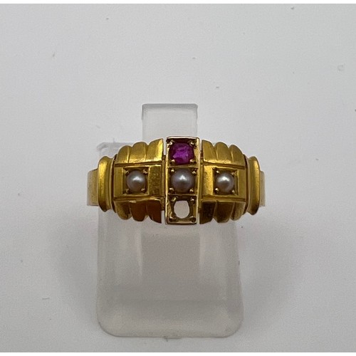 6 - Antique 15ct Seed Pearl & Ruby Gold Ring (missing one ruby) Victorian 1830s-1840s (Hallmark Date Let... 