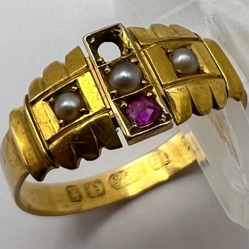 6 - Antique 15ct Seed Pearl & Ruby Gold Ring (missing one ruby) Victorian 1830s-1840s (Hallmark Date Let... 