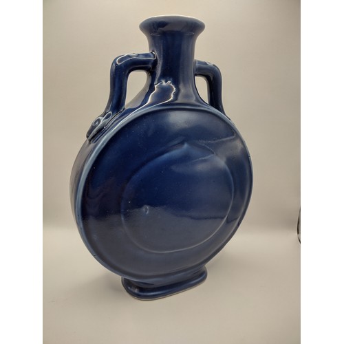 170 - Cobalt Blue Chinese Moonflask with Double Handles, Featuring a Glaze Imbued with White Speckles, Bea... 