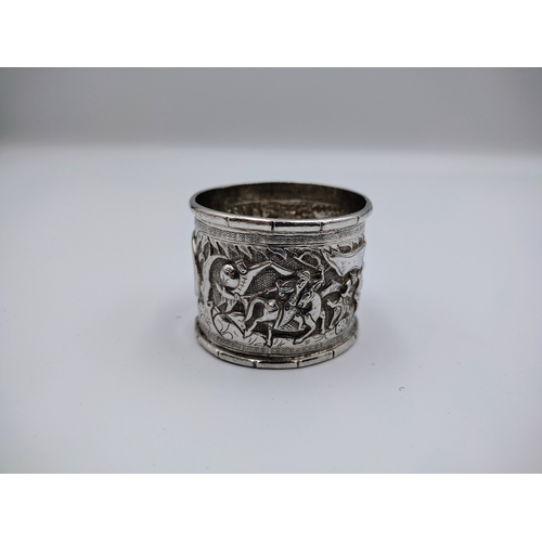 26 - Antique Chinese Export Silver Napkin Ring with Repoussé Hunting Scene, Hallmark Attributes it to a S... 