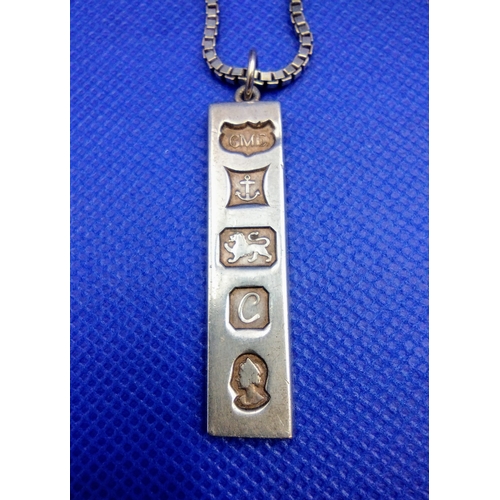 28 - Sterling Silver Ingot Pendant Birmingham 1977 with Spanish 925 Box Chain, Total Weight 26.56g