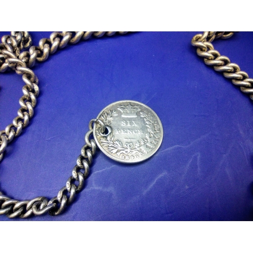 38 - Silver Hallmarked Albert Chain with Sixpence Fob approx 30cm long