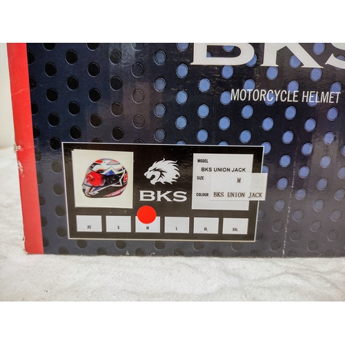 54 - BKS Union Jack Motorcycle Helmet, Size Medium, Complete with Accessories and Original Box