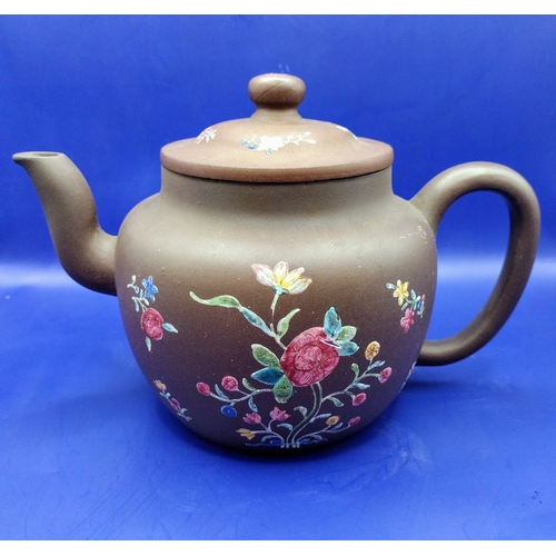 69 - Chinese Qing Dynasty Yixing Enameled Large Teapot With Potters Seal Mark Approx 22cm Small Frit insi... 