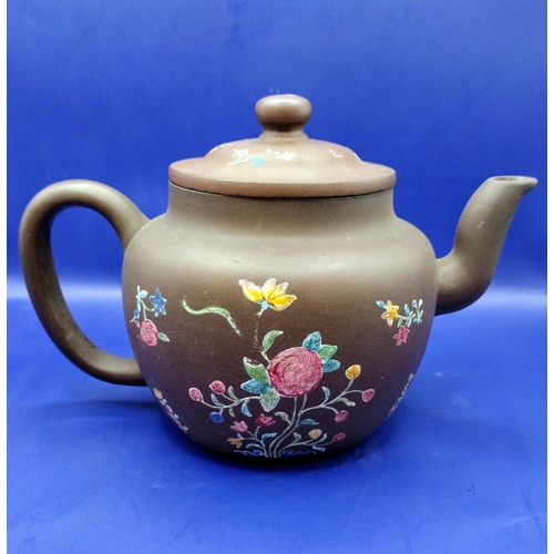 69 - Chinese Qing Dynasty Yixing Enameled Large Teapot With Potters Seal Mark Approx 22cm Small Frit insi... 