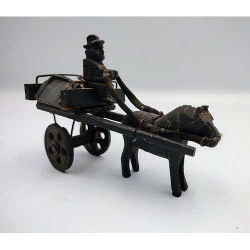 84 - Italian Handmade Wooden Model of Donkey-Drawn Cart with Driver, Circa 1890–1920, Rustic Folk Art Des... 