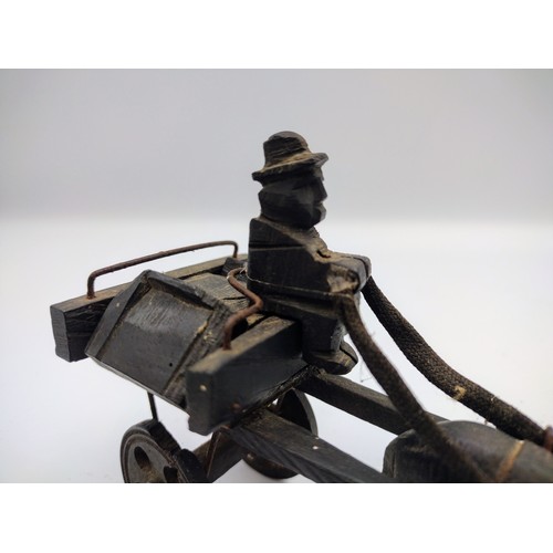 84 - Italian Handmade Wooden Model of Donkey-Drawn Cart with Driver, Circa 1890–1920, Rustic Folk Art Des... 