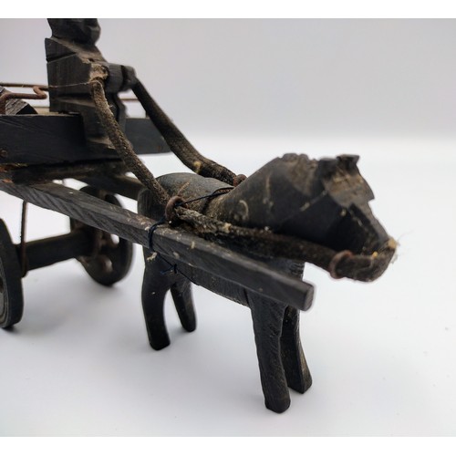 84 - Italian Handmade Wooden Model of Donkey-Drawn Cart with Driver, Circa 1890–1920, Rustic Folk Art Des... 