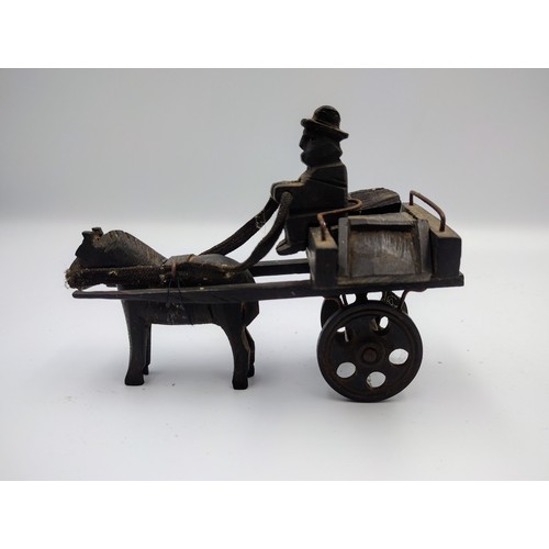 84 - Italian Handmade Wooden Model of Donkey-Drawn Cart with Driver, Circa 1890–1920, Rustic Folk Art Des... 