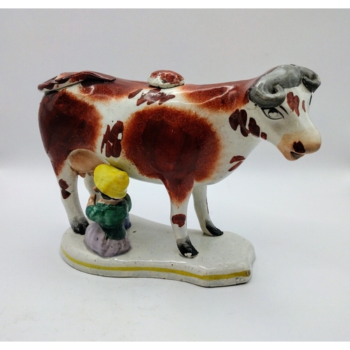 115 - Staffordshire Cow Creamer with Milkmaid Figure, Hand-Painted, Circa 1790–1820 Approx 19cm (Nose to T... 