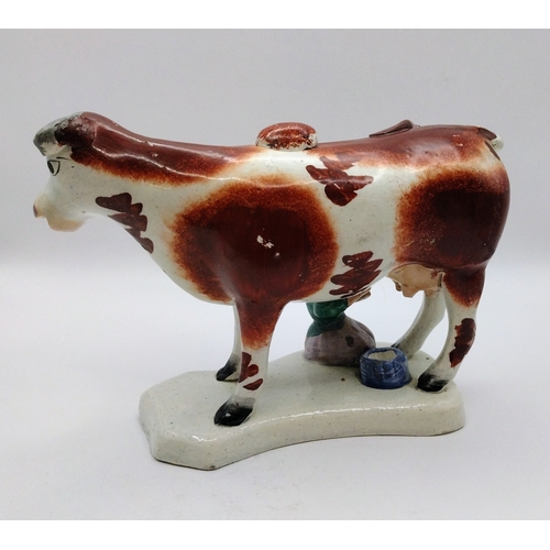 115 - Staffordshire Cow Creamer with Milkmaid Figure, Hand-Painted, Circa 1790–1820 Approx 19cm (Nose to T... 