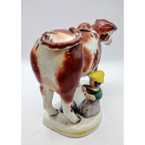 115 - Staffordshire Cow Creamer with Milkmaid Figure, Hand-Painted, Circa 1790–1820 Approx 19cm (Nose to T... 