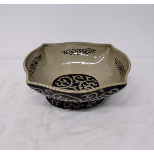 116 - Japanese Mid/Late Century Black and Cream Studio Pottery Bowl with Scroll and Foliate Motifs, Signed... 