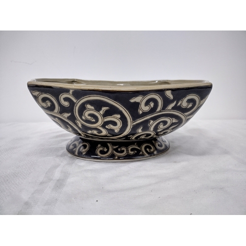 116 - Japanese Mid/Late Century Black and Cream Studio Pottery Bowl with Scroll and Foliate Motifs, Signed... 