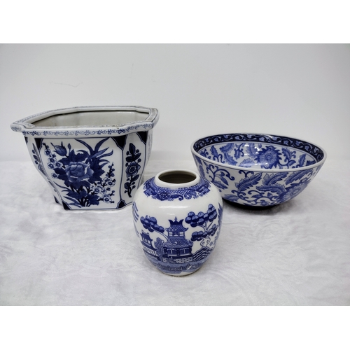 118 - Three Vintage Oriental Blue and White Porcelain Items to Include a Planter, Bowl and Ginger Jar