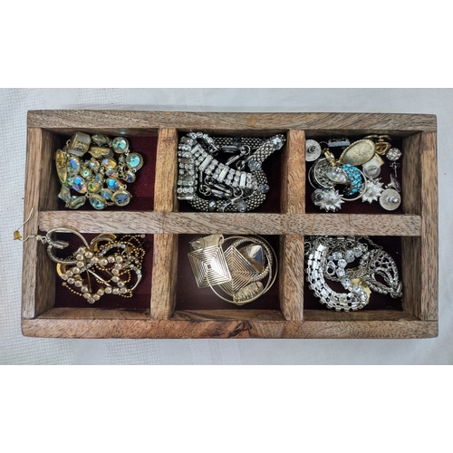 129 - Wooden Jewellery Box with Mirror and Three Compartments, Containing an Assorted Lot of Costume Jewel... 