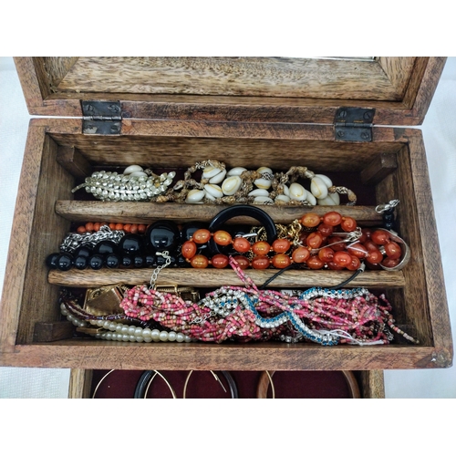 129 - Wooden Jewellery Box with Mirror and Three Compartments, Containing an Assorted Lot of Costume Jewel... 