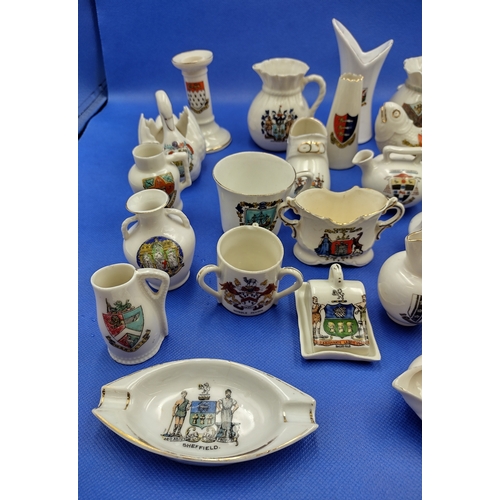 131 - Collection of Crested China Souvenir Ware, Including Jugs, Vases, and Trinket Items, Featuring Vario... 