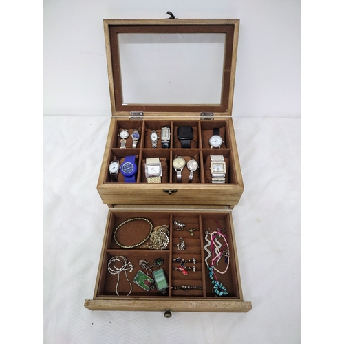 164 - Wooden Display Box with Glass Lid, Containing a Number of Costume Watches and Jewellery Including Ne... 